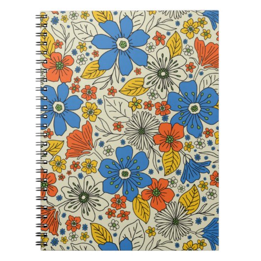 Retro Blue, Geel en Oranje Floral Notitieboek (Voorkant)