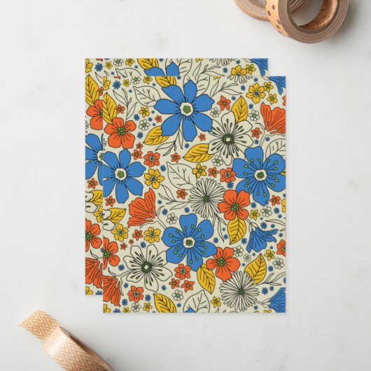 Retro Blue, Geel en Oranje Floral Notitiekaartje (Voorkant / Achterkant in situ)