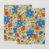 Retro Blue, Geel en Oranje Floral Notitiekaartje (Voorkant / Achterkant)