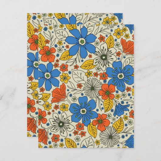 Retro Blue, Geel en Oranje Floral Notitiekaartje (Voorkant / Achterkant)