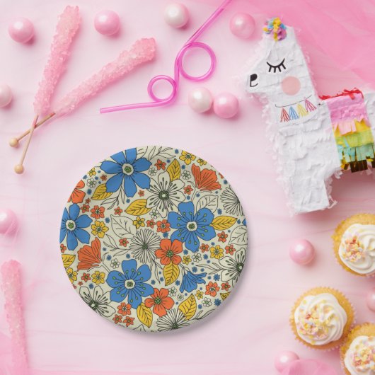 Retro Blue, Geel en Oranje Floral Papieren Bordje (Feest)