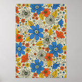 Retro Blue, Geel en Oranje Floral Poster (Voorkant)