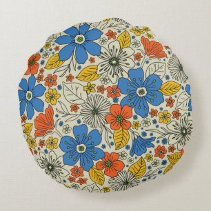 Retro Blue, Geel en Oranje Floral Rond Kussen