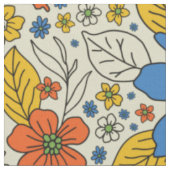 Retro Blue, Geel en Oranje Floral Stof (Close Up)