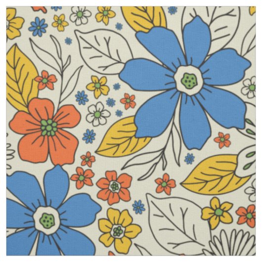 Retro Blue, Geel en Oranje Floral Stof (Swatch)