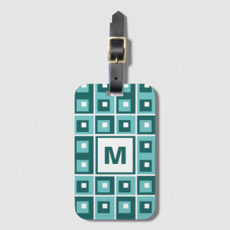 Retro Blue Geometric Squares Pattern Monogram Bagagelabel