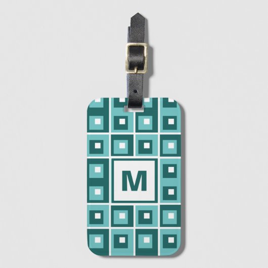 Retro Blue Geometric Squares Pattern Monogram Bagagelabel (Voorkant (verticaal))