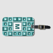 Retro Blue Geometric Squares Pattern Monogram Bagagelabel (Voorkant (horizontaal))