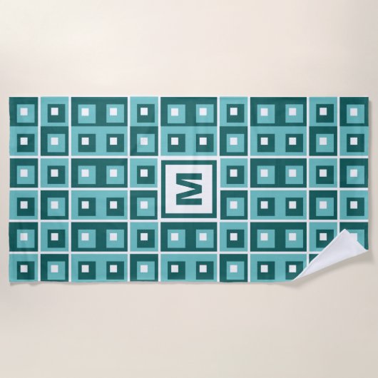Retro Blue Geometric Squares Pattern Monogram Strandlaken (Voorkant)