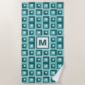 Retro Blue Geometric Squares Pattern Monogram Strandlaken (Voorkant)