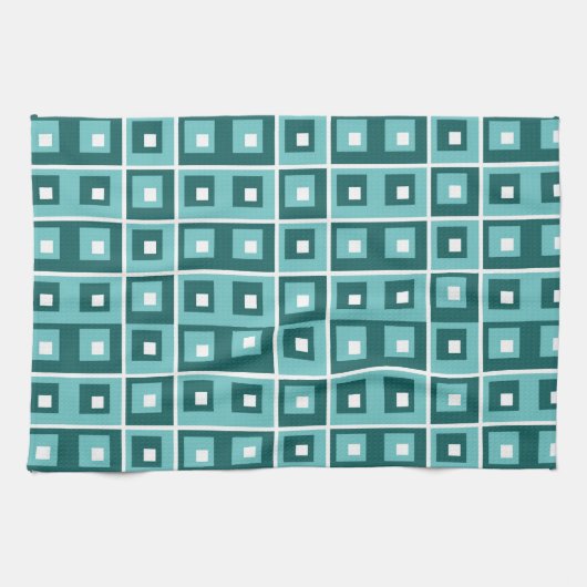 Retro Blue Geometric Squares Pattern Theedoek (Horizontaal)