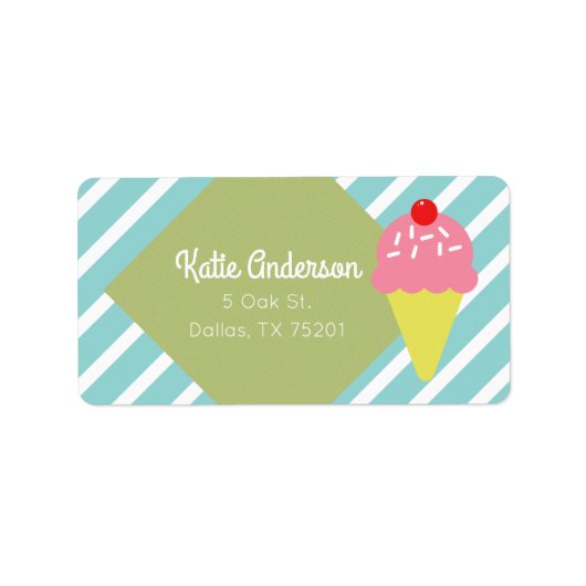Retro Blue Gestreepte Ice Cream Custom Adresetiket Etiket (Voorkant)