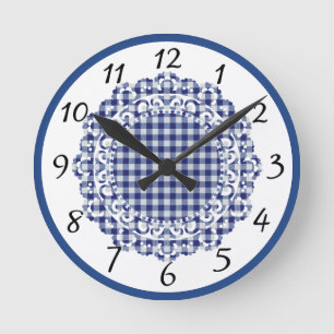 Retro Blue Gingham Ronde Klok