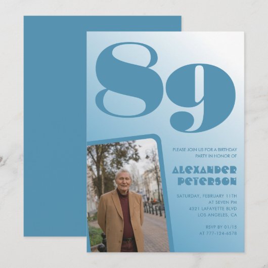Retro Blue Gradient Foto 89e verjaardag Kaart (Voorkant / Achterkant)