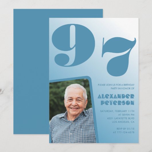 Retro Blue Gradient Foto 97e verjaardag Kaart (Voorkant / Achterkant)