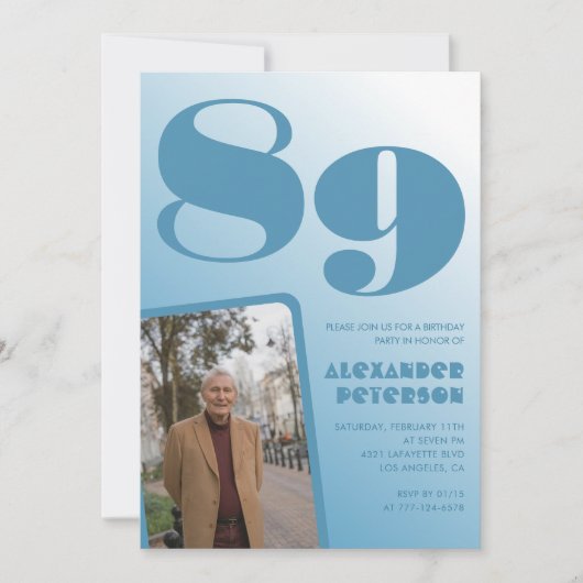 Retro Blue Gradient Foto Mannen 89ste verjaardag Kaart (Voorkant)