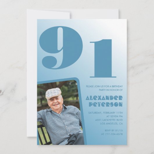 Retro Blue Gradient Foto Mannen 91ste verjaardag Kaart (Voorkant)