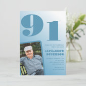 Retro Blue Gradient Foto Mannen 91ste verjaardag Kaart (Staand voorkant)