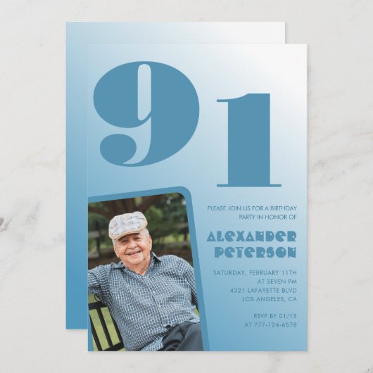 Retro Blue Gradient Foto Mannen 91ste verjaardag Kaart (Voorkant / Achterkant)