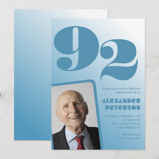 Retro Blue Gradient Foto Mannen 92ste verjaardag Kaart (Voorkant / Achterkant)