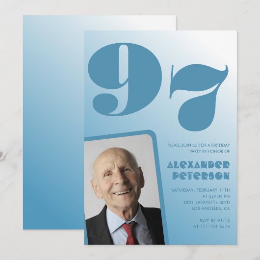 Retro Blue Gradient Foto Mannen 97e verjaardag Kaart (Voorkant / Achterkant)