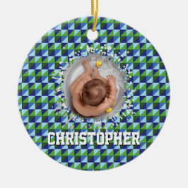 Retro Blue & Green Geometric Abstract Baby Keramisch Ornament