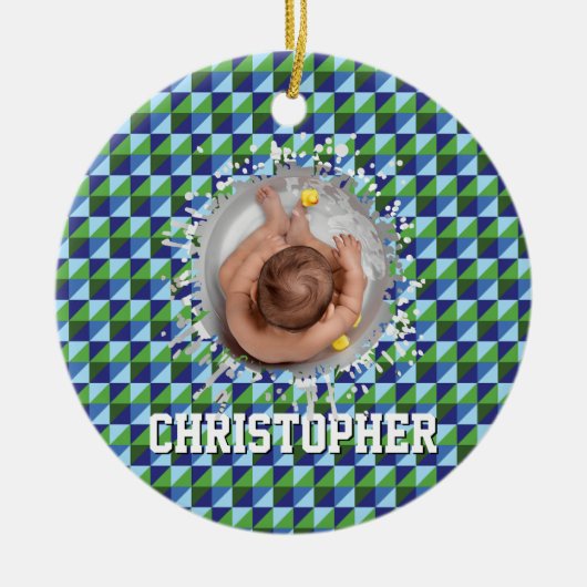 Retro Blue & Green Geometric Abstract Baby Keramisch Ornament (Voorkant)