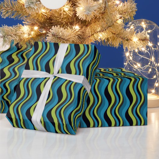 Retro Blue Green Grey Zee Waves Patroon Cadeaupapier (Feestdagen)