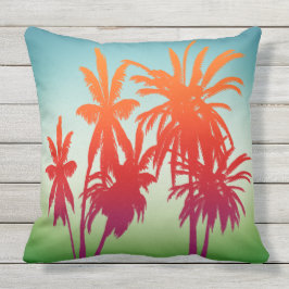 Retro Blue Green Sinaasappel Sunset Palm Trees Buitenkussen