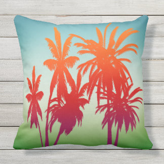 Retro Blue Green Sinaasappel Sunset Palm Trees Buitenkussen