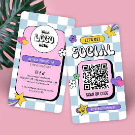 Retro Blue Groovy Logo Social Media QR Code Visitekaartje