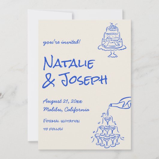 Retro Blue Hand Drawn Champagne Tower Cake Wedding Save The Date (Voorkant)