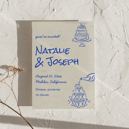 Retro Blue Hand Drawn Champagne Tower Cake Wedding Save The Date