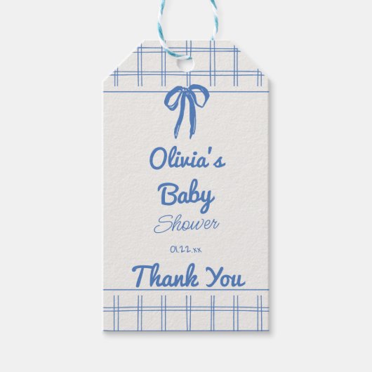 Retro Blue Hand Drawn Gingham Bow Baby Boy Cadeaulabel (Voorkant)