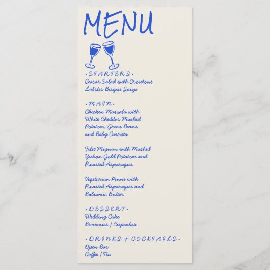Retro Blue Hand Written Drawn Wine Wedding Menu (Voorkant)