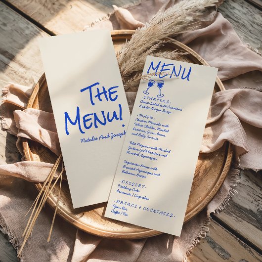 Retro Blue Hand Written Drawn Wine Wedding Menu 