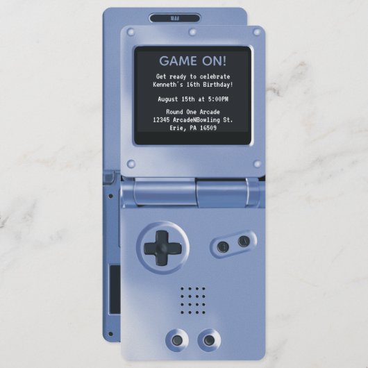 Retro Blue Handheld Gaming Birthday Invitation Kaart (Voorkant / Achterkant)