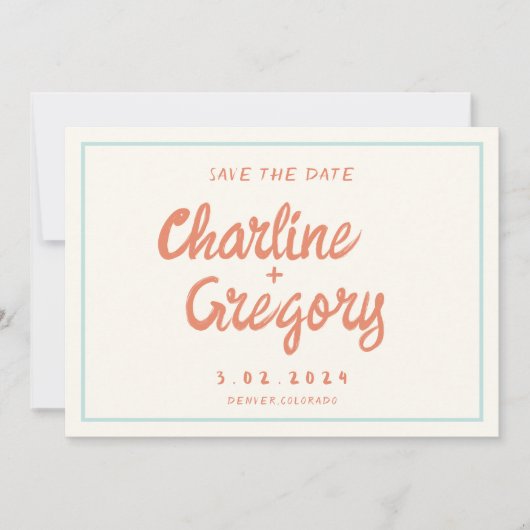 Retro Blue Handwriting Weddenschap Opslaan Datum Kaart (Voorkant)