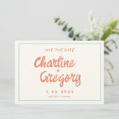 Retro Blue Handwriting Weddenschap Opslaan Datum Kaart (Staand voorkant)