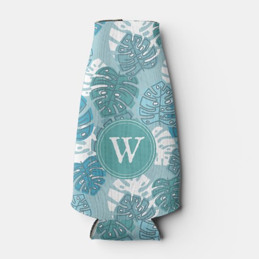 Retro Blue Hawaiian Monstera Leaf Monogram Flesjeskoeler (Voorkant)