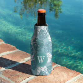 Retro Blue Hawaiian Monstera Leaf Monogram Flesjeskoeler
