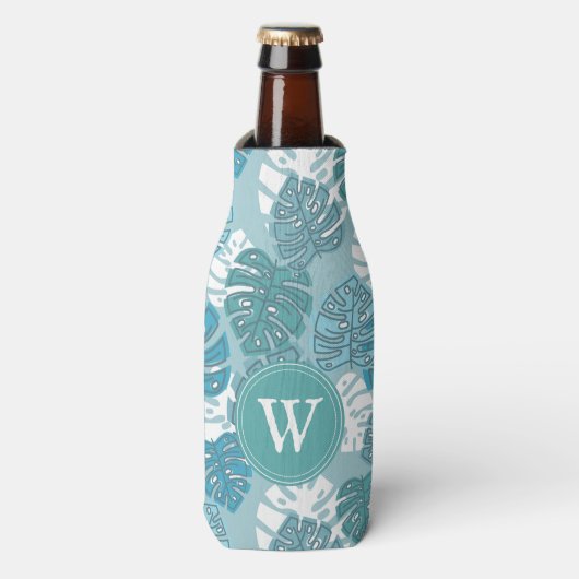 Retro Blue Hawaiian Monstera Leaf Monogram Flesjeskoeler (Fles Voorkant)