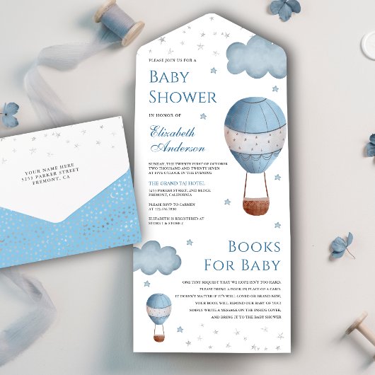  Retro Blue Hot Air Ballon Baby shower All In One Uitnodiging