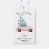 Retro Blue kerstboom roze auto met kerst Cadeaulabel (Voorkant)