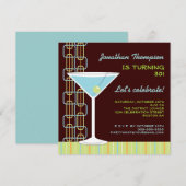Retro Blue Martini Birthday Party Invitation Kaart (Voorkant / Achterkant)