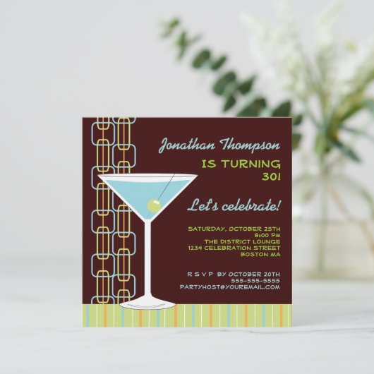 Retro Blue Martini Birthday Party Invitation Kaart (Staand voorkant)
