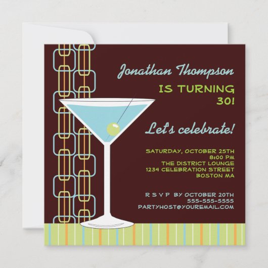 Retro Blue Martini Birthday Party Invitation Kaart (Voorkant)