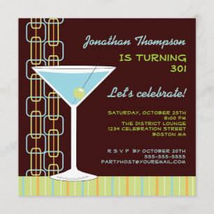 Retro Blue Martini Birthday Party Invitation Kaart
