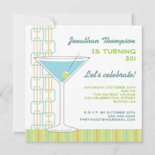 Retro Blue Martini Birthday Party Invitation Kaart