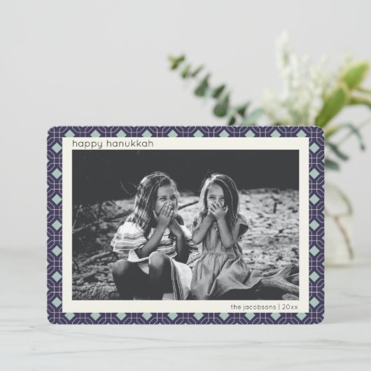 Retro Blue Mid Century Mod Pattern Hanukkah Foto Feestdagenkaart (Staand voorkant)